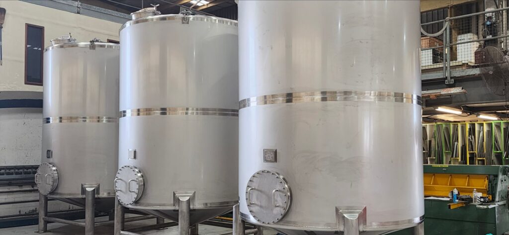 Stainless steel storage tanks under fabrication in the Minto workshop