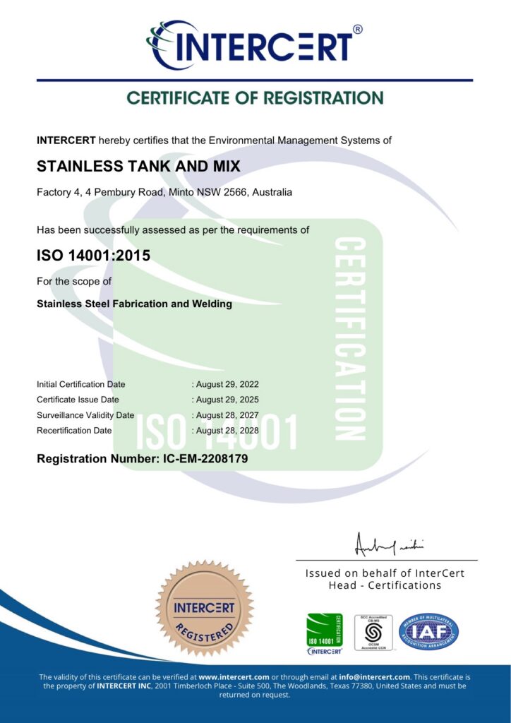 Intercert ISO 14001:2015 certificate of registration for Stainless Tank and Mix