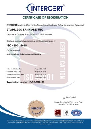 Intercert ISO 45001:2018 certificate of registration for Stainless Tank and Mix