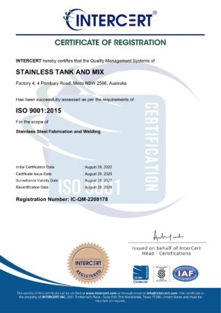 Intercert ISO 9001:2015 certificate of registration for Stainless Tank and Mix